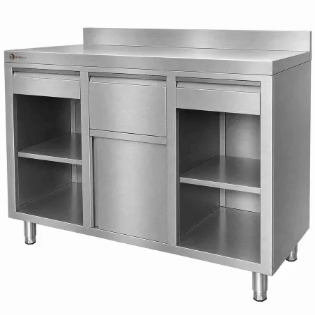 Mueble cafetero industrial WORLDMAI 1500x600 mm en acero inoxidable con estantes abiertos y peto trasero para hostelería