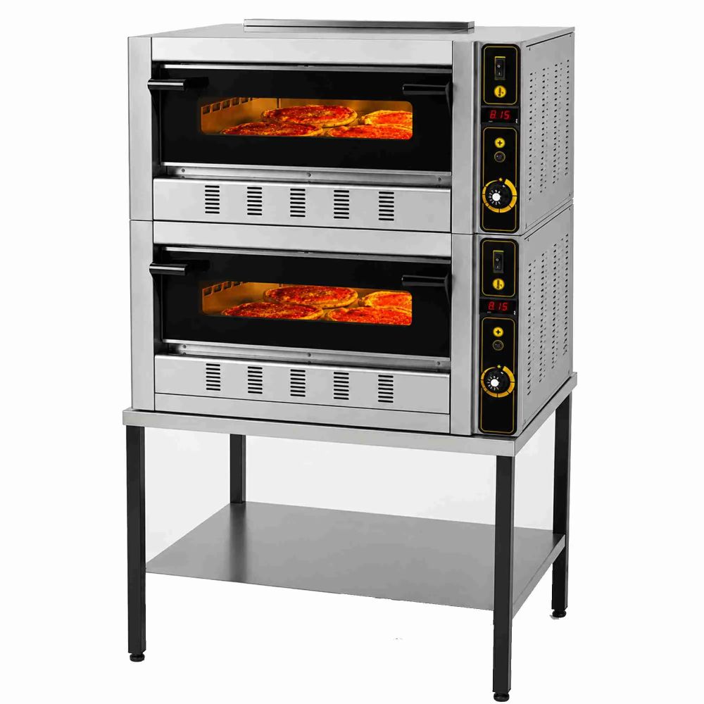 Professional double gas pizza oven for 8 x 30 cm pizzas with industrial base stand Professional double gas pizza oven for 8 x 30 cm pizzas with industrial base stand