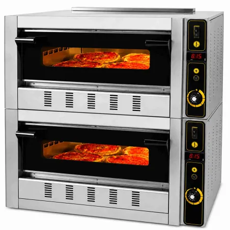 Horno de pizza a gas profesional doble para 8 pizzas de 30 cm con base industrial