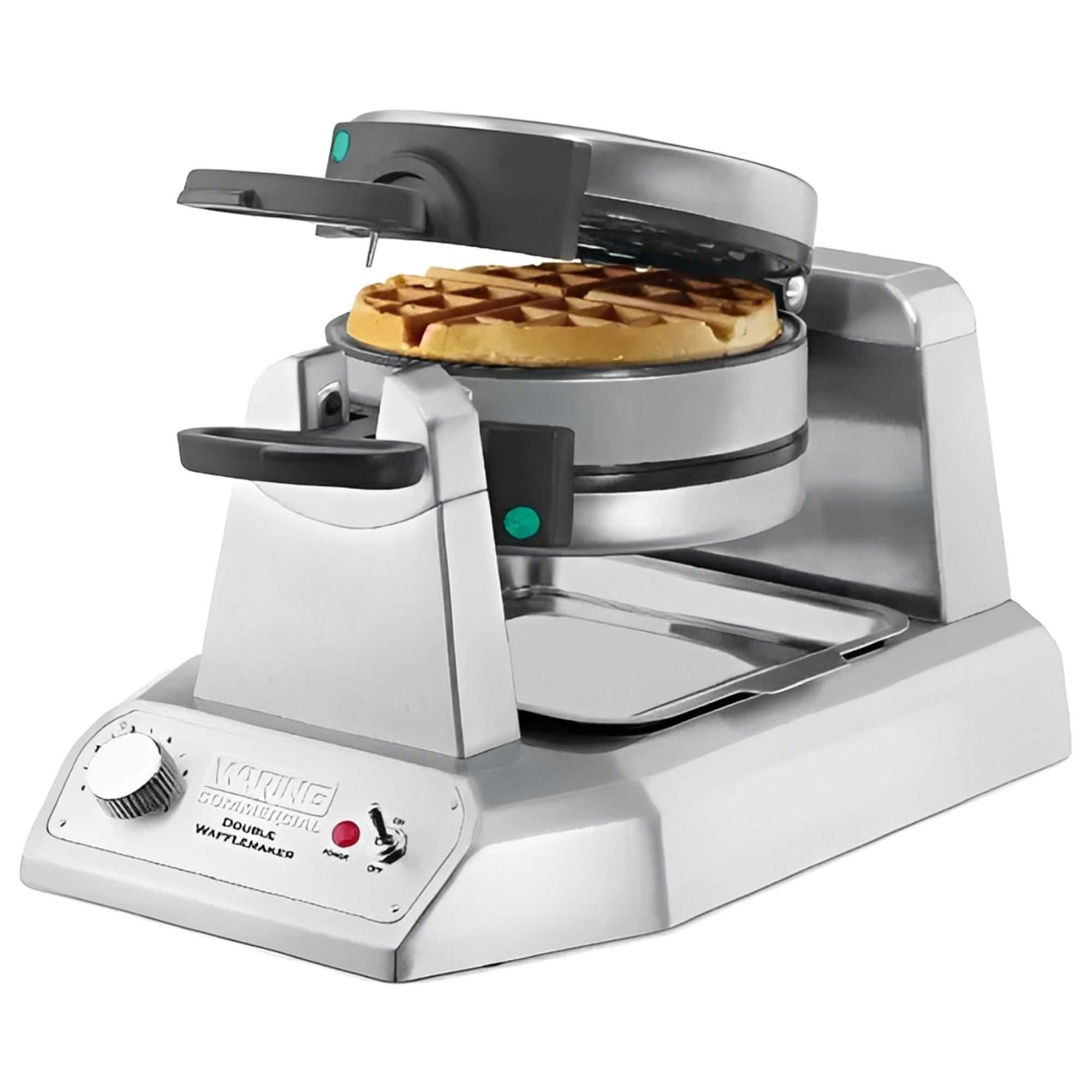 Double rotating commercial Belgian waffle maker with dual plates for high output