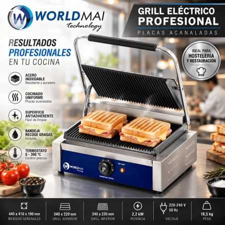 Grill elèctric industrial amb plaques acanalades 44x41 cm Worldmai
