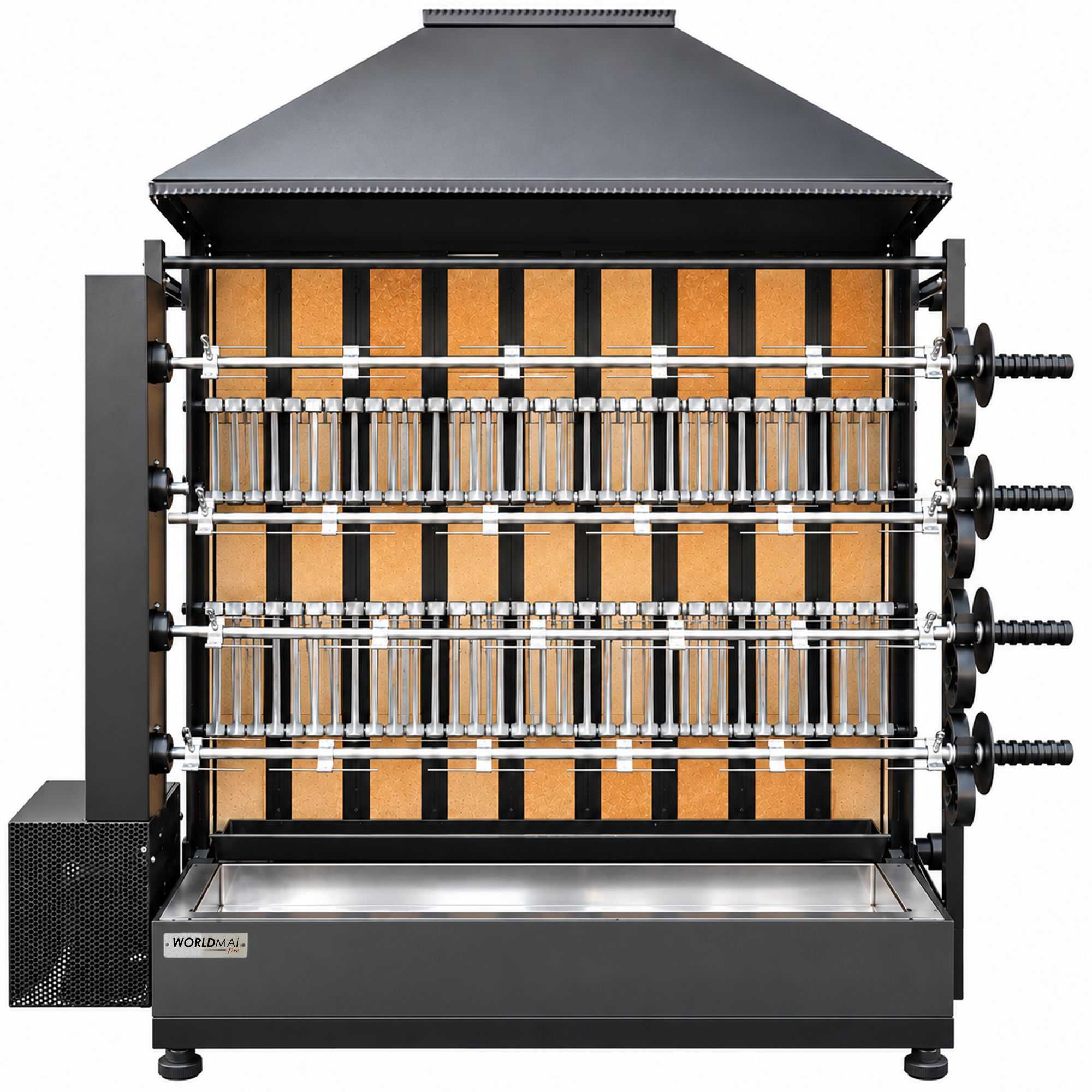 Professional wood-fired chicken rotisserie, 4 spits, capacity 20 chickens, Worldmai, for catering