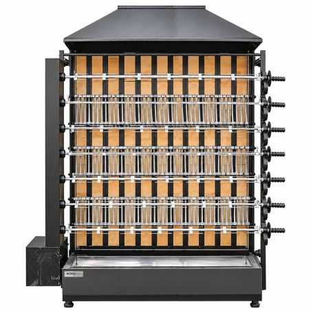 Professional wood-fired chicken rotisserie, 7 spits, capacity 42 chickens, Worldmai, for catering
