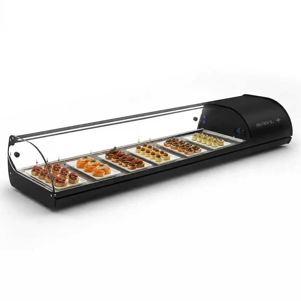 Vitrine à tapas professionnelle 6 GN 1/3 avec éclairage LED semi-neuve Vitrine à tapas professionnelle 6 GN 1/3 avec éclairage LED semi-neuve
