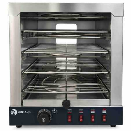 Horno tostador eléctrico profesional en inox de 4 pisos para pizza, con diales y perchas metálicas.