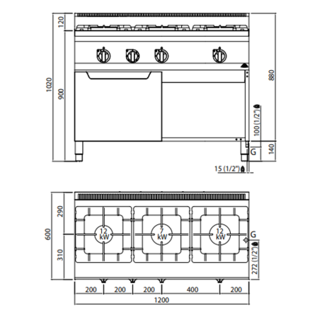 Cocina 3 fuegos con horno a gas GN 1/1 PLUS 600