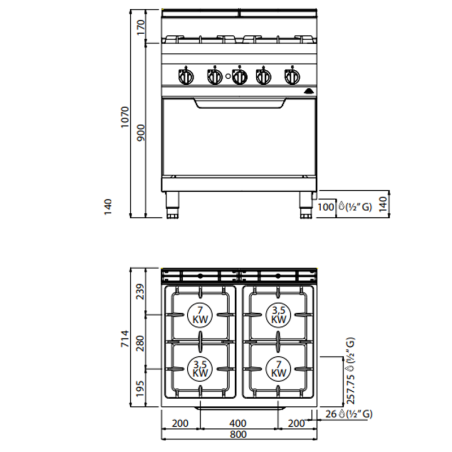 Cuina 4 focs de gas MACROS 700 amb forn GN 2/1