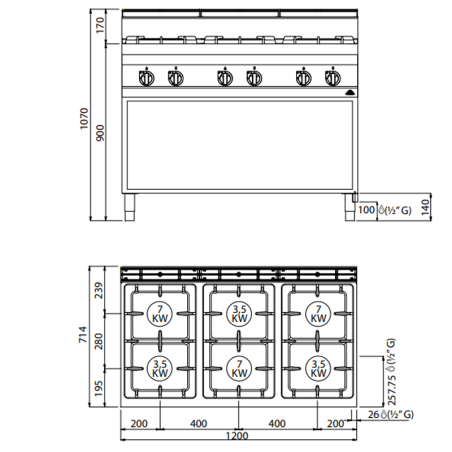 Cuisinière à gaz 6 feux MACROS 700 avec meuble