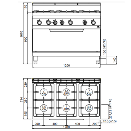 Cuisinière à gaz 6 feux MACROS 700 avec four 1045 x 530