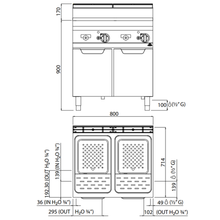 Cuece pastas a gas industrial doble de 60 litros