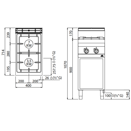 Cuisinière à gaz sur pied 2 feux MACROS 700