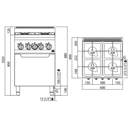 Cocina 4 fuegos a gas PLUS 600 con horno GN 1/1
