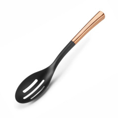 Black nylon perforated spoon and gold stainless steel handle for buffet