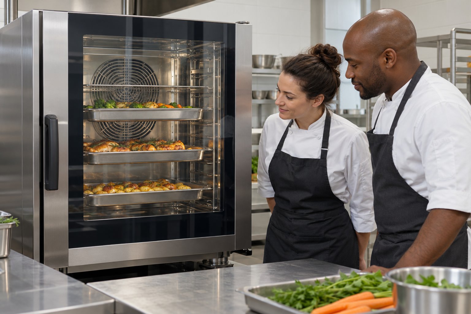 Dos profesionales observan un horno de convección de acero inoxidable con bandejas gastronorm separadas en una cocina de hostelería.