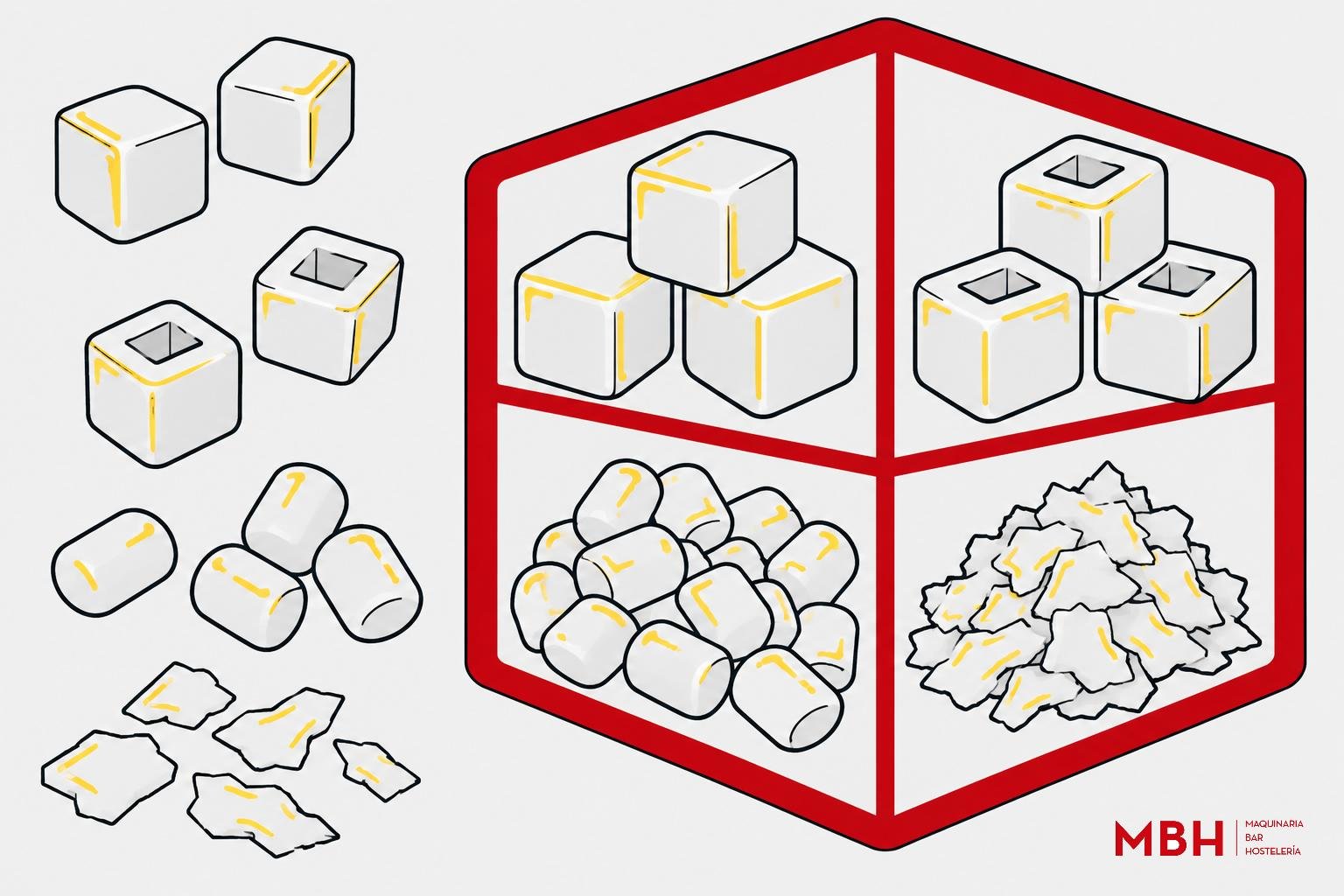 Imagen que muestra varios cubos de hielo y hielo picado dentro de una caja segmentada en tres secciones.