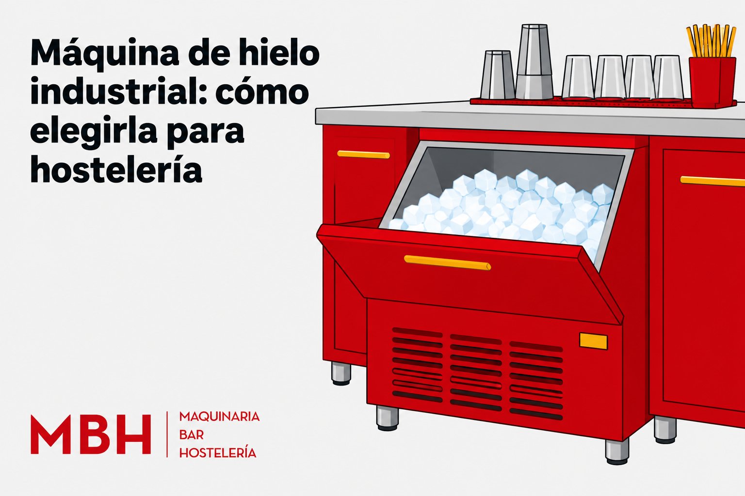 Máquina de hielo industrial de color rojo con cubos de hielo en la cubeta y bandeja con palillos en la parte superior.