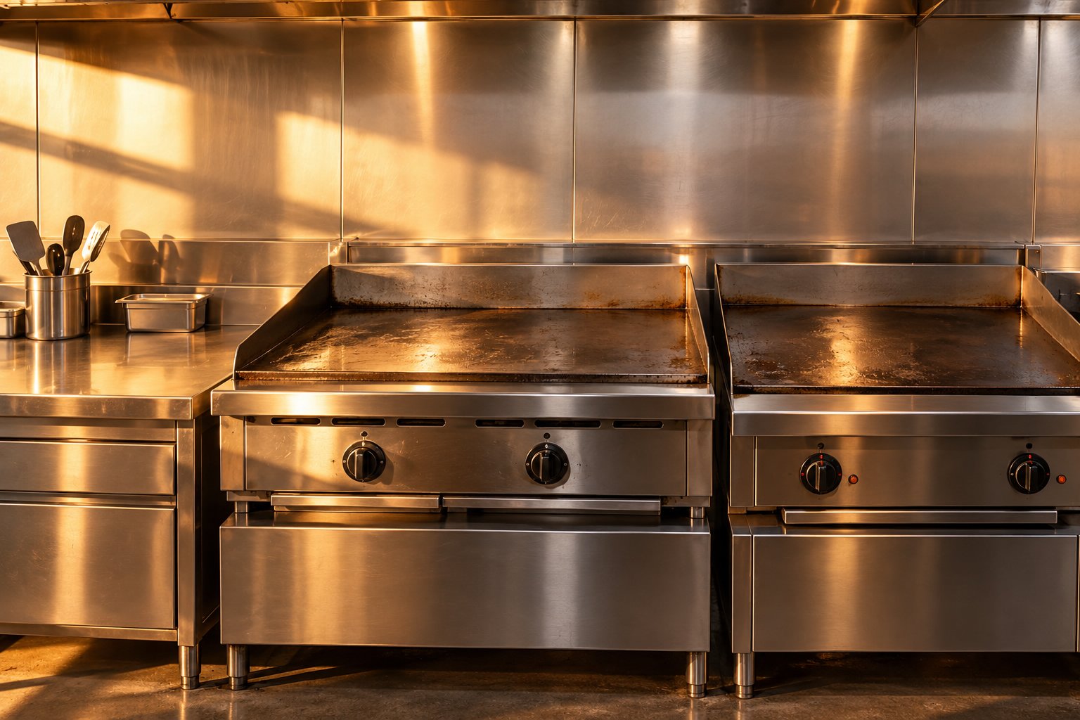 Una plancha industrial de gas y otra eléctrica, instaladas juntas en la línea de cocina profesional.