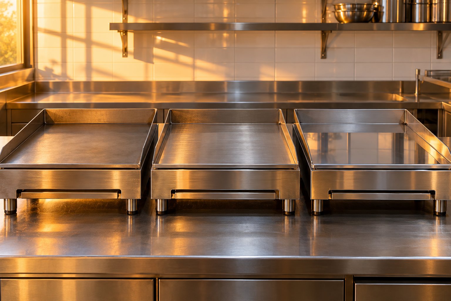 Tres planchas industriales con placas de acero laminado, acero rectificado y cromo duro, colocadas juntas en una cocina profesional.